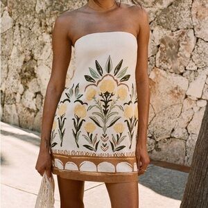 Strapless Cream Floral Print Mini Dress